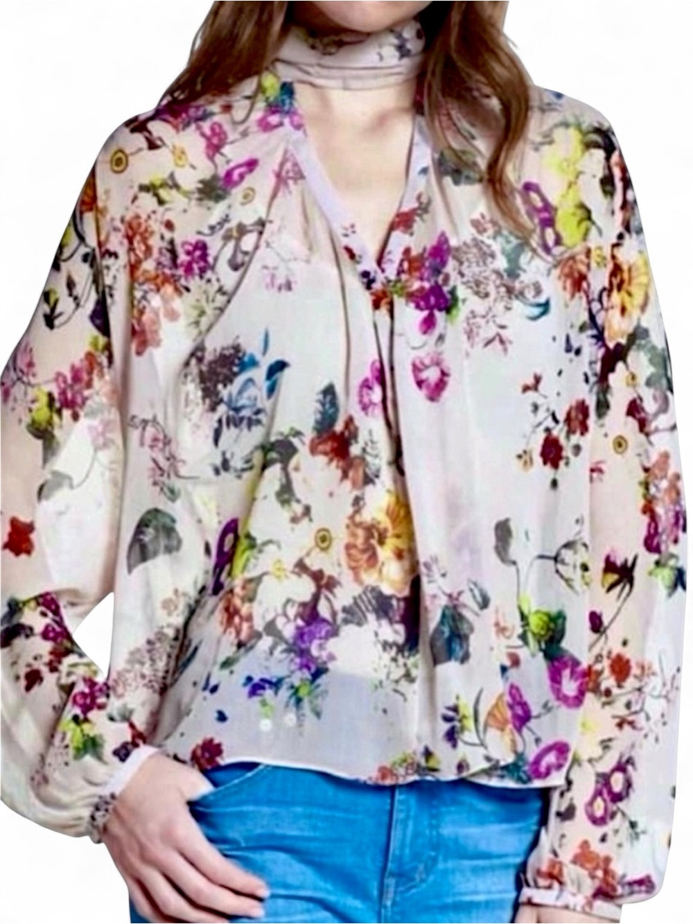 Anthropologie Floral Blouse Sheer Watercolor Poet Sleeves SZ M